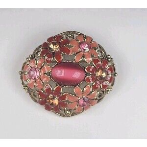 Vtg. Retro Oval Domed Enamel Rine Stone Moon Glow Cabochon Gold Tone Broch